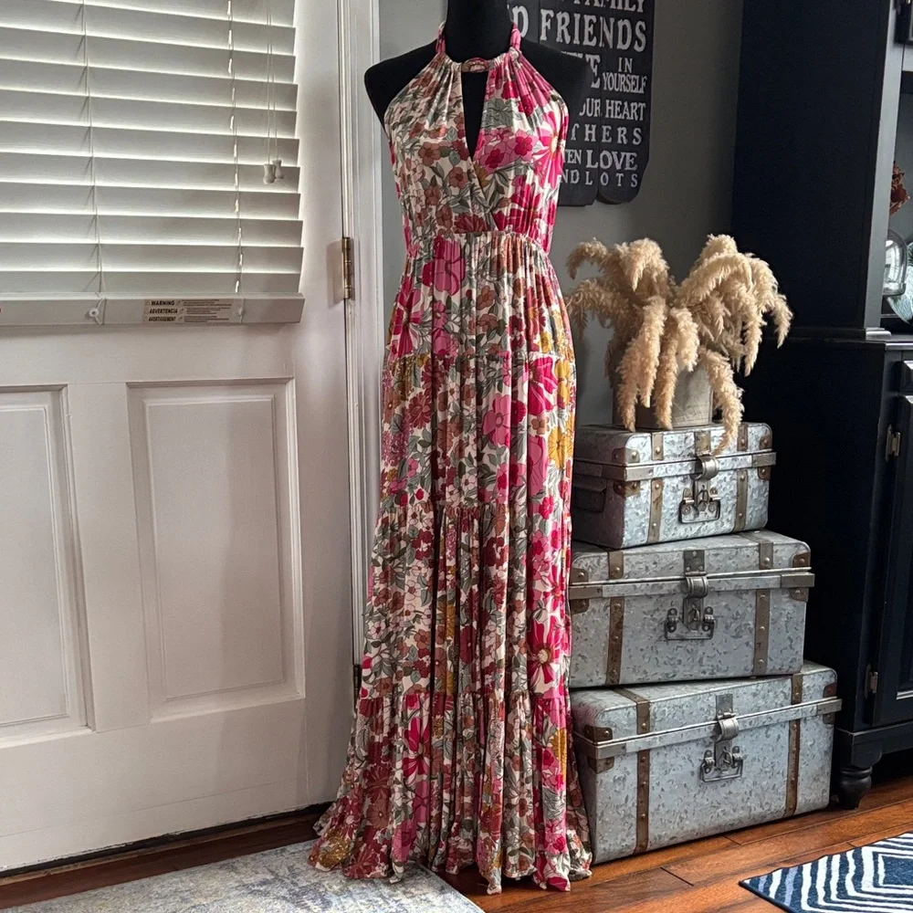Aakaa Floral Open Back Halter Maxi Dress Pink Boho Wedding Guest Size M - Picture 4 of 12
